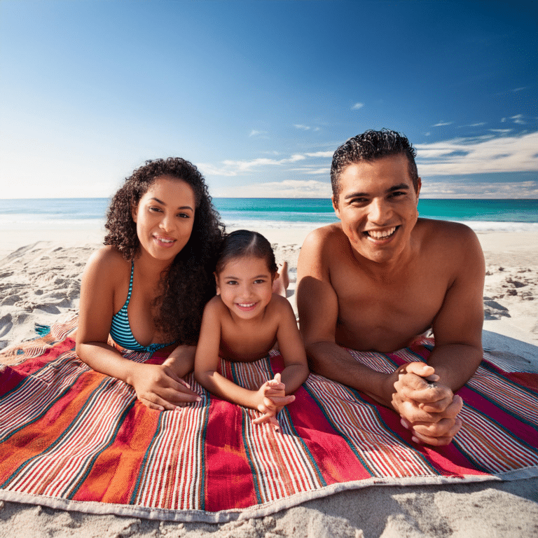 Famille sur une serviette de plage personnalisée